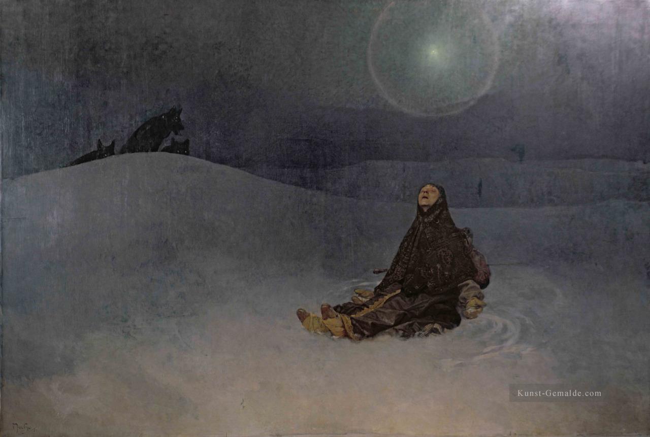 Star 1923 Winter Night Woman in Wildheit Wolf Alphonse Mucha Ölgemälde